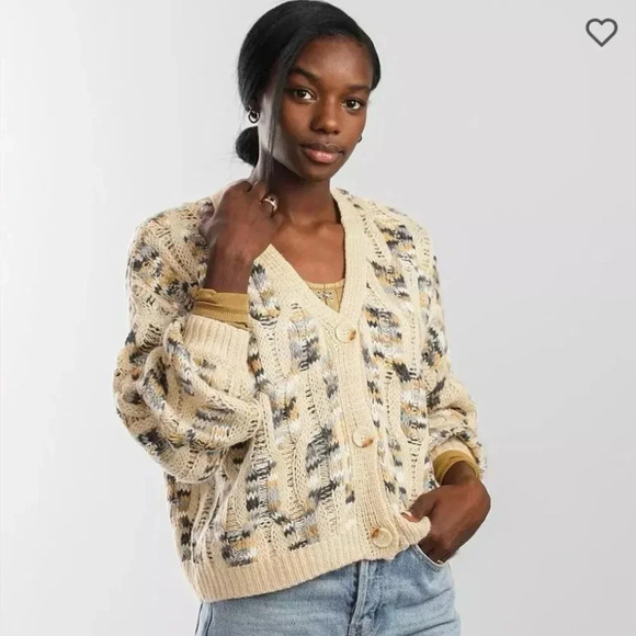 Gilded Intent Cable Knit Cardigan Sweater Cream Blue Camel Tones Size Small - Picture 3 of 12